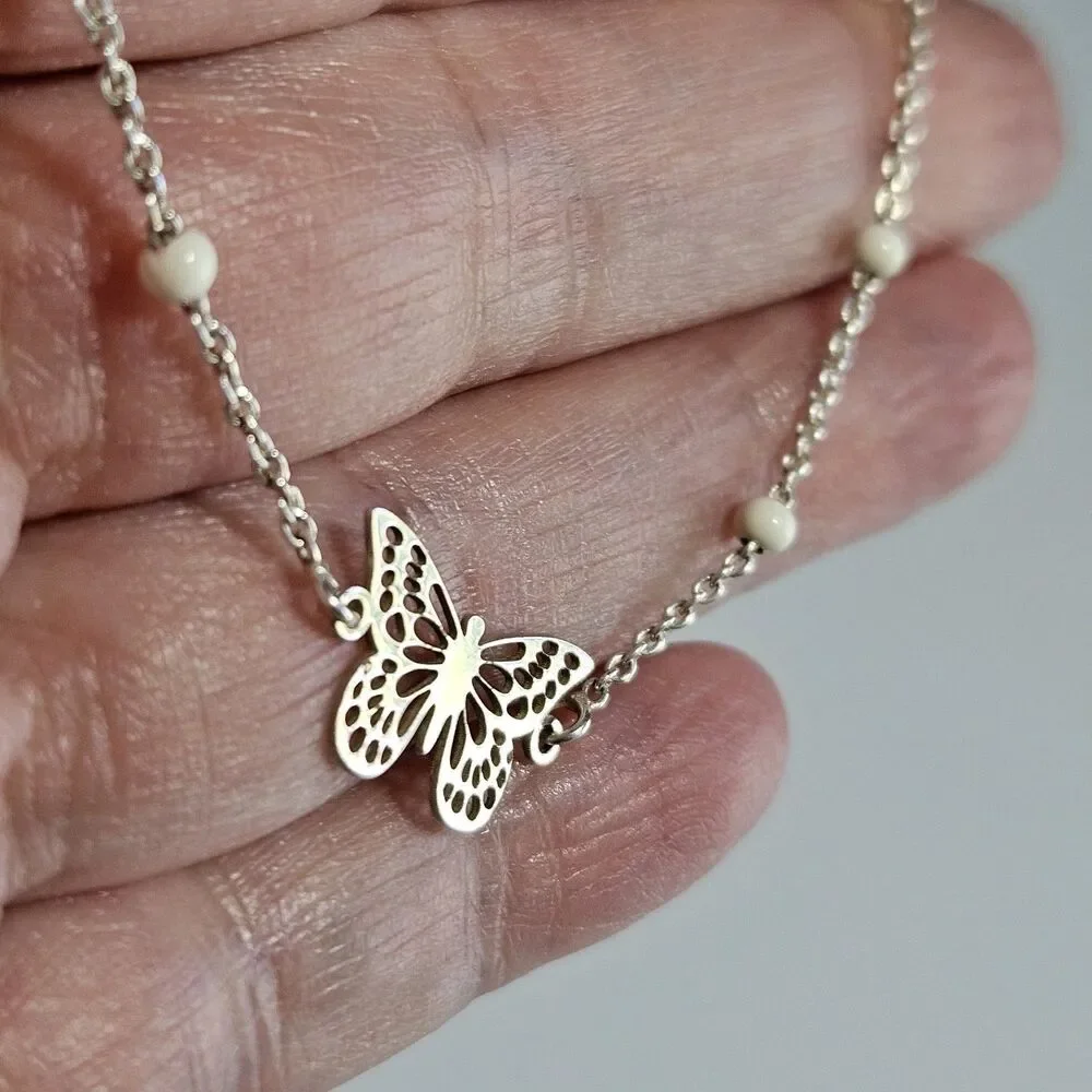 Vintage Dyadema Sterling Silver Butterfly Bracelet White Bead 6.5-7.5